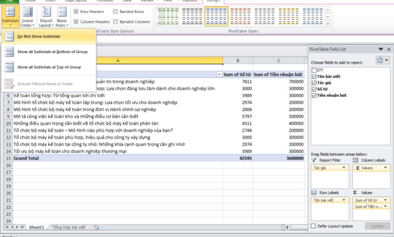 Cách tách dữ liệu thành nhiều Sheet trong Excel bằng PivotTable